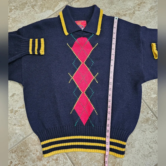 Esprit Sport M 80s Navy Yellow Argyle Wool Collared Sweater Preppy Collegiate - Picture 7 of 7